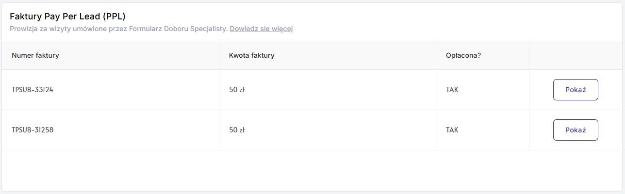 Tabela faktur za Pay Per Lead