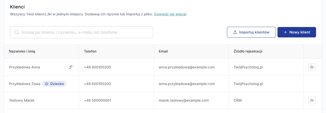 Lista klientów: karta dziecka z oznaczeniem Dziecko obok karty rodzica z tym samym adresem e-mail