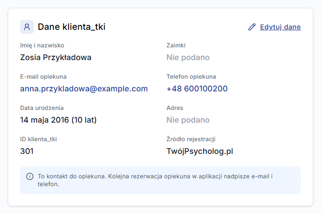 Dane i zgody: dane dziecka, e-mail i telefon opiekuna oraz podpowiedź o nadpisywaniu kontaktu
