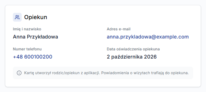 Sekcja Opiekun: imię i nazwisko, e-mail, telefon i data oświadczenia opiekuna