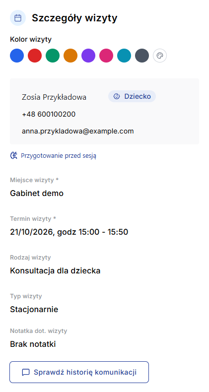 Szczegóły wizyty dziecka z oznaczeniem Dziecko przy danych klienta
