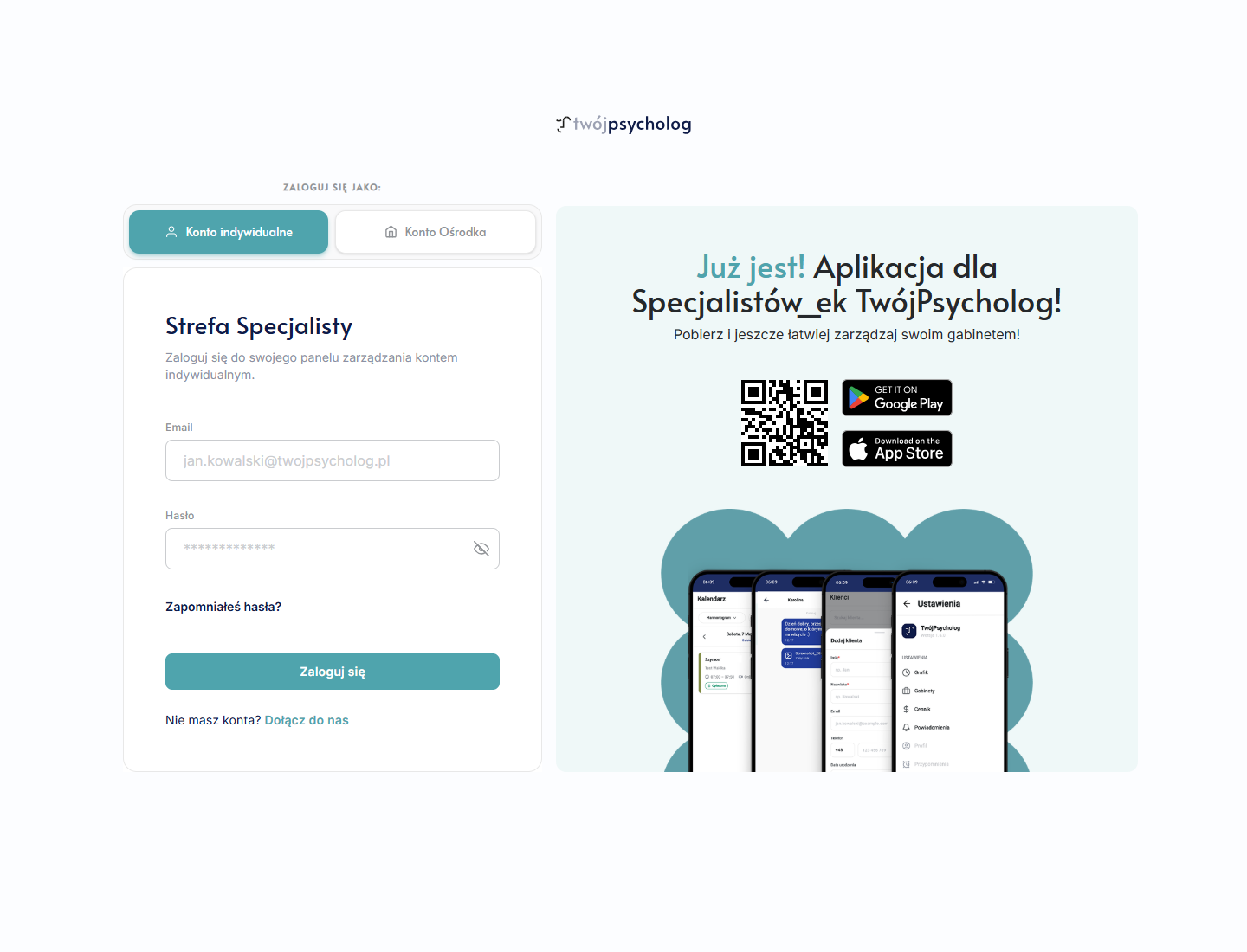 Aktualna strona logowania CRM: Konto indywidualne, Strefa Specjalisty oraz linki do aplikacji mobilnej