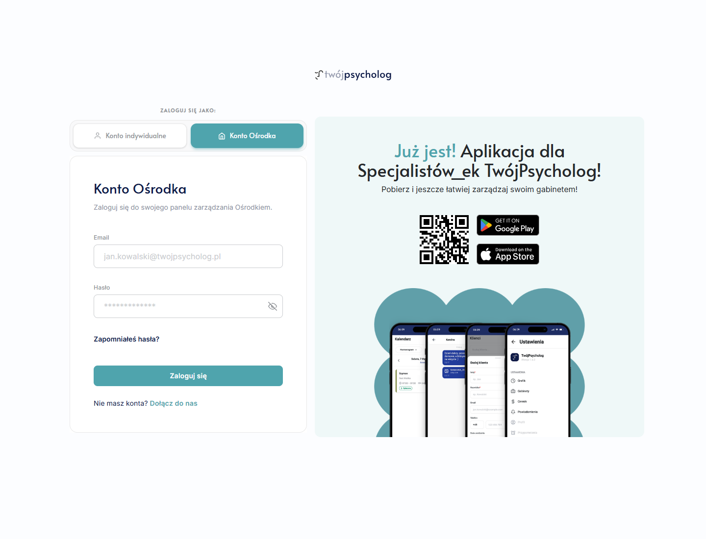 Formularz logowania po wybraniu Konto Ośrodka