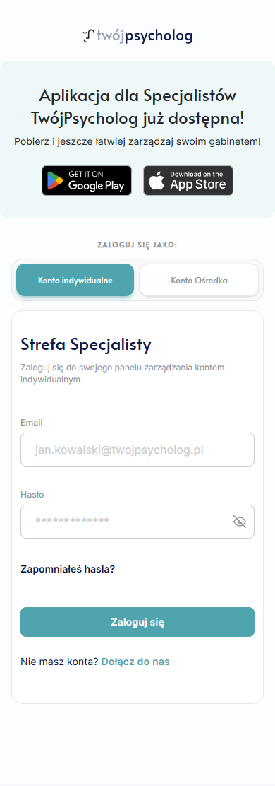Mobilny widok strony logowania CRM z linkami Google Play i App Store oraz formularzem konta indywidualnego