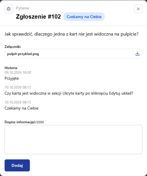 Szczegóły zgłoszenia ze statusem Czekamy na Ciebie, załącznikiem, historią i polem Dopisz informację