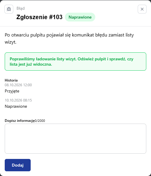 Zgłoszenie ze statusem Naprawione i informacją o rozwiązaniu problemu