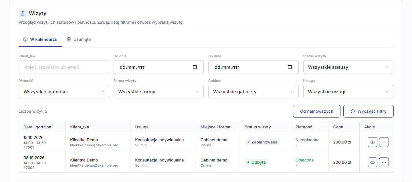 Nowa tabela wizyt z przykładowymi terminami i filtrami