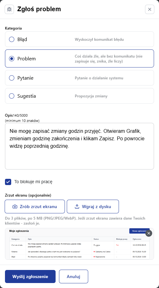 Przykładowy formularz zgłoszenia problemu w CRM