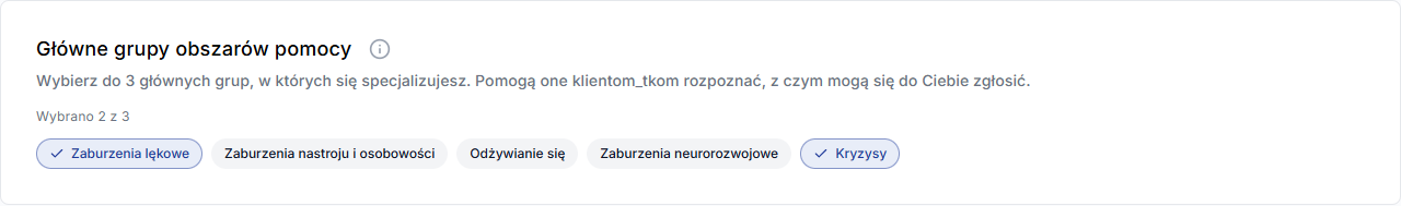 Przykładowy wybór głównych grup obszarów pomocy na profilu