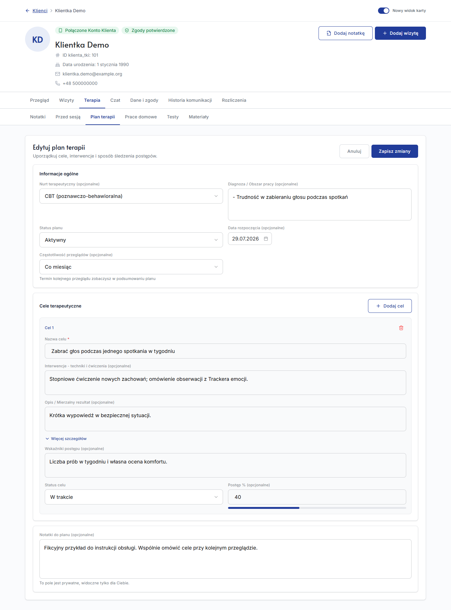 Edycja informacji ogólnych i szczegółów celu w planie terapii