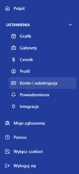 Sekcja Ustawienia w bocznym menu CRM z pozycjami Grafik, Gabinety, Cennik, Profil, Konto i subskrypcja, Powiadomienia oraz Integracje