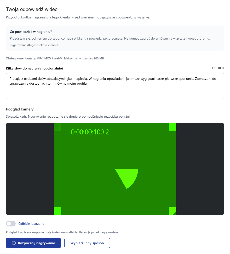 Podgląd kamery, przełącznik odbicia lustrzanego i rozpoczęcie nagrywania