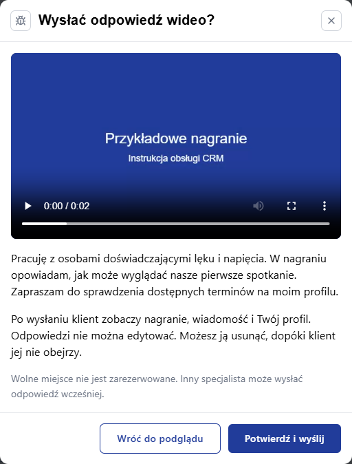 Potwierdzenie wysyłki z podglądem filmu i wiadomości