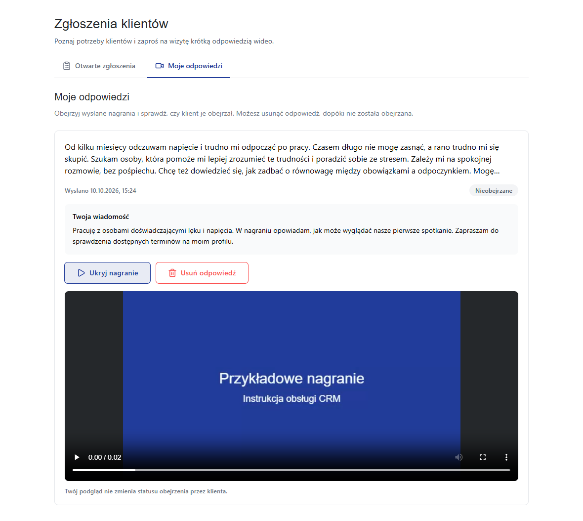Moje odpowiedzi: wiadomość, podgląd filmu, status i możliwość usunięcia