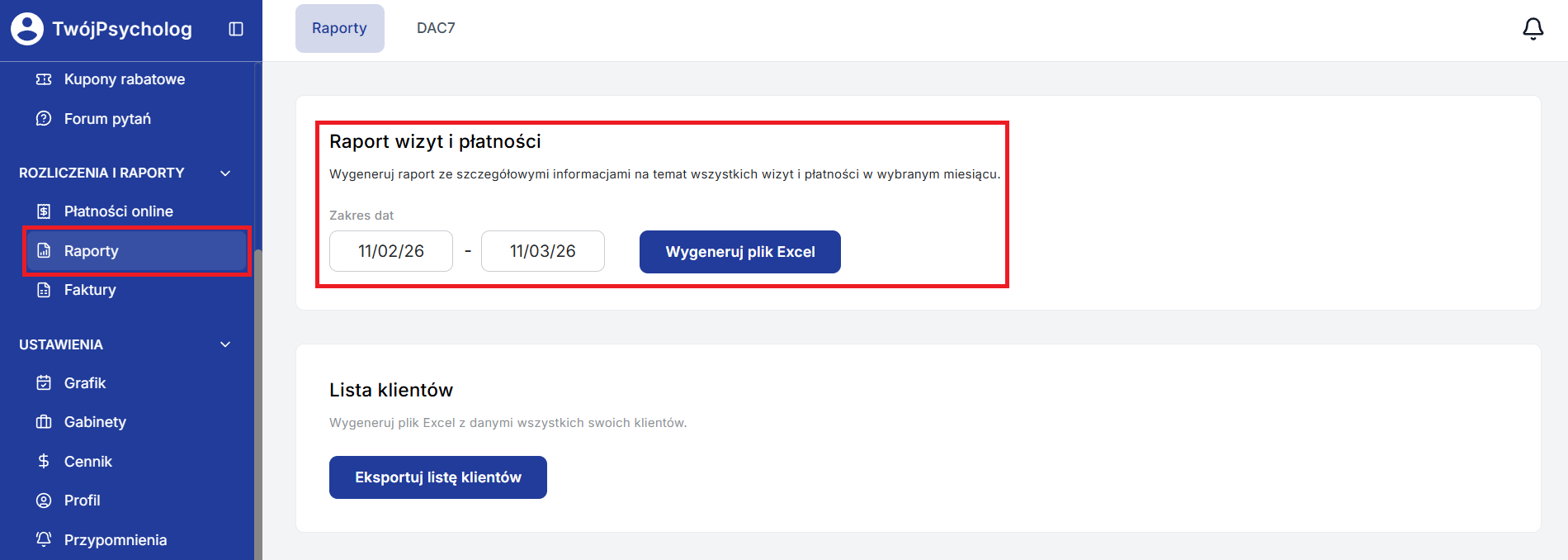 Zrzut ekranu: Zestawienie wizyt objętych prowizją