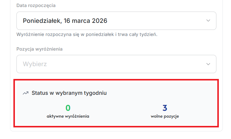 Zrzut ekranu: Brak możliwości wykupienia wyróżnienia w danej konfiguracji