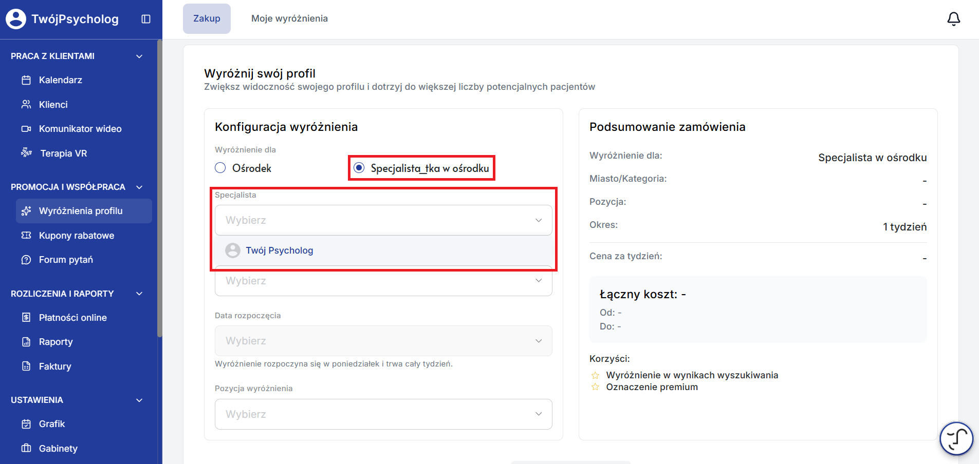 Zrzut ekranu: Zakup wyróżnienia dla konkretnego Specjalisty